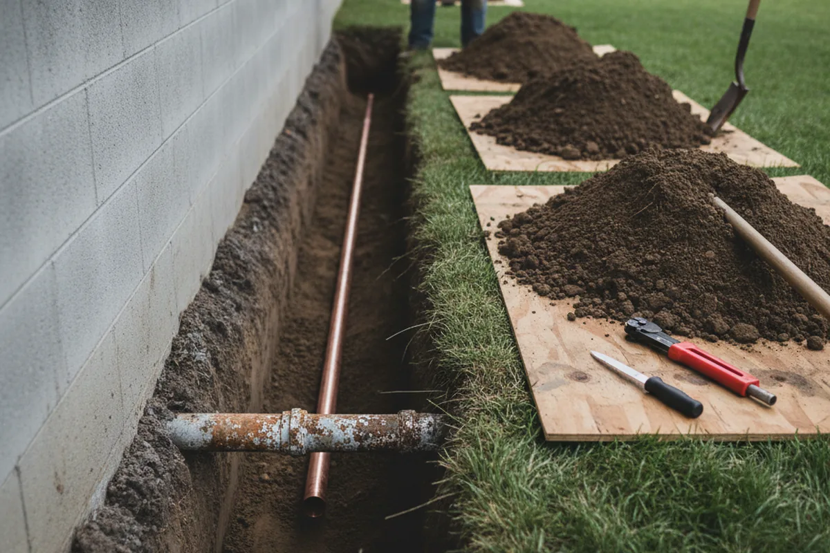 Excavated water line trench during Water Softener Installation in Mantua